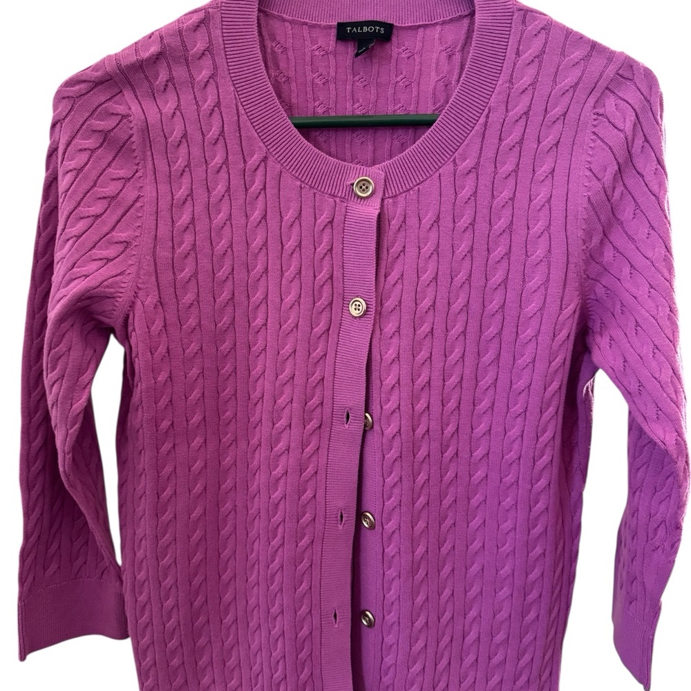 Talbots Cable-Knit Crewneck Cardigan in Bright Magenta
